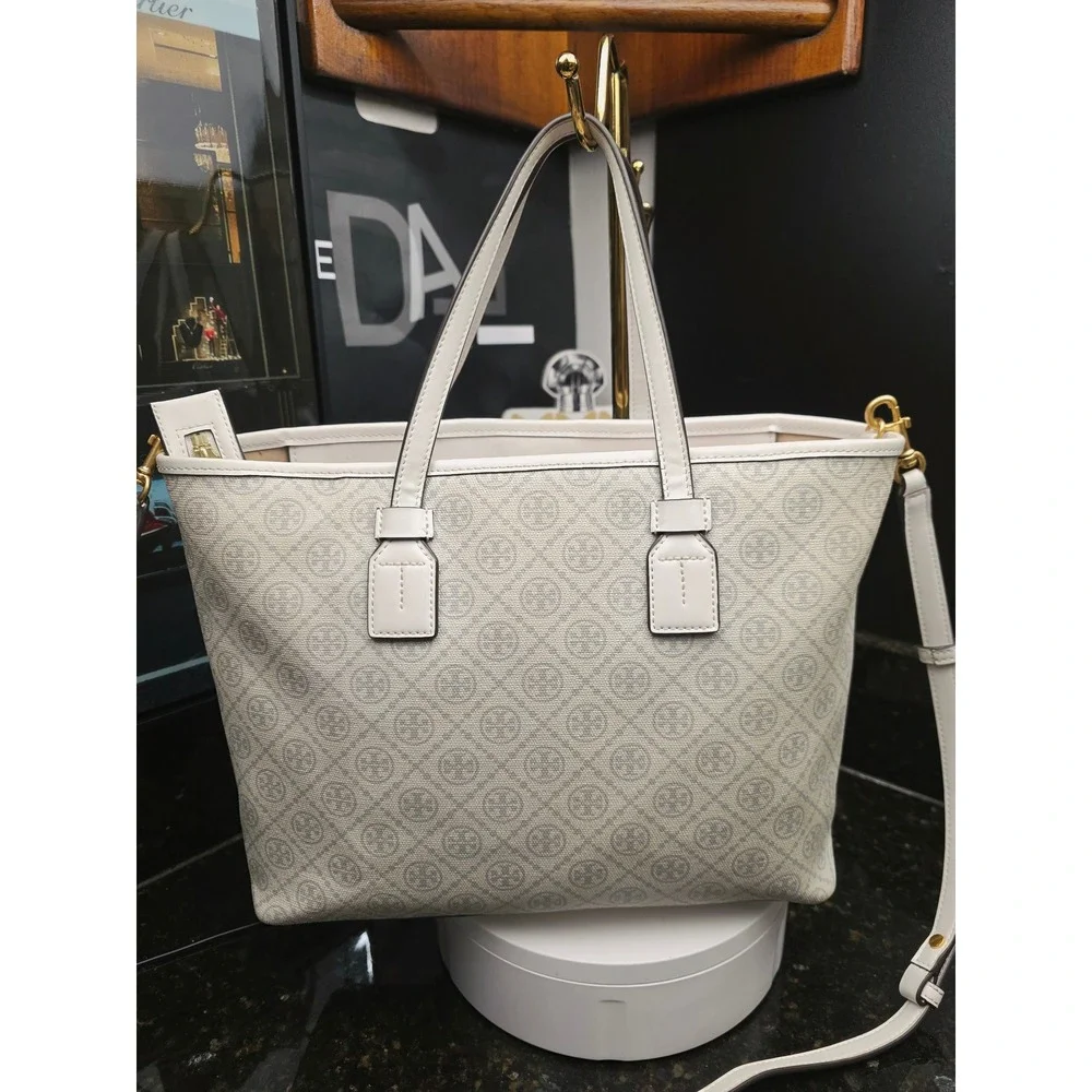Tory Burch T Monogram Coated Canvas Tote White Gray Logo Crossbody Bag Luxury